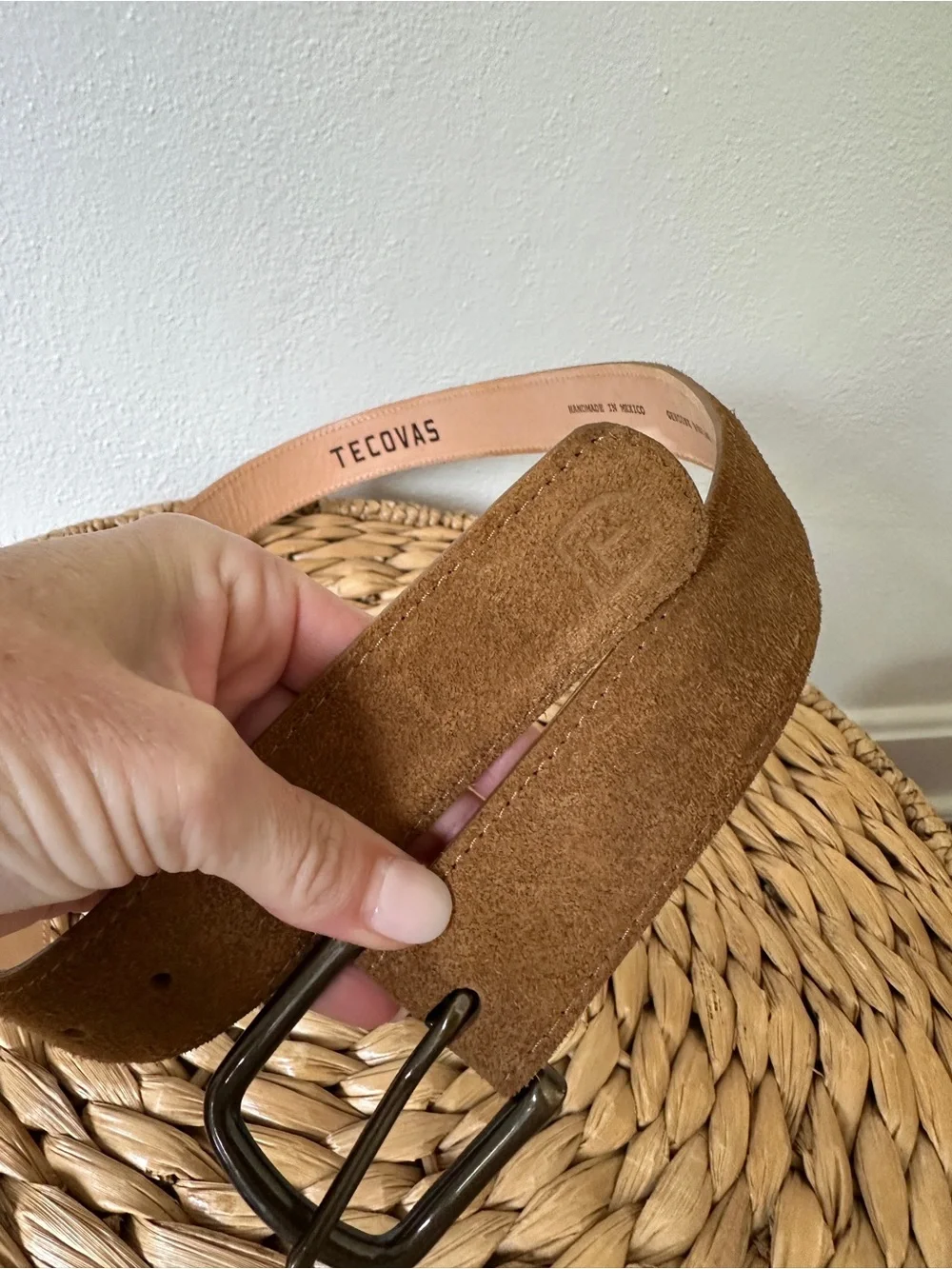 Tecovas Men's Suede Leather Belt Size 34 Brown Tan Brass Buckle